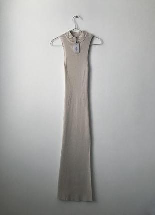2024 новое длинное вязаное платье молочного цвета stradivarius трикотажное платье миди в рубчик3 фото
