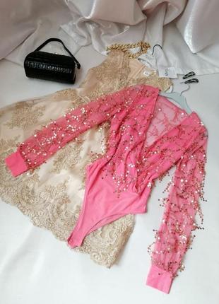 Шикарный прозрачный боди блуза сетка золотистыми пайетками в виде бахромы2 фото