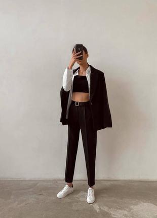 Костюм женский классический, однотонный оверсайз пиджак на пуговице брюки на высокой посадке, качественный, стильный базовый черный графитовый6 фото