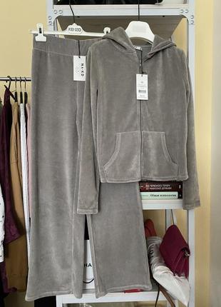 Шикарный плюшевый бархатный прогулочный спортивный костюм кофта на замке и широкие брюки na-kd1 фото