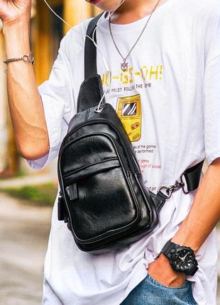 Классическая мужская сумка бананка на грудь барсетка на плечо кросс боди черная экокожа8 фото
