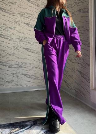 Спортивный на флисе теплый костюм комбинированный ретро 90-е оверсайз брюки прямые широкие палаццо кюлоты по фигуре кофта короткая худи молния капюшон4 фото