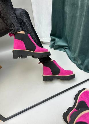 Эксклюзивные ботинки из итальянской кожи и замши женские фуксия челси6 фото