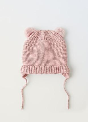 Розовая вязаная шапка/шапочка с ушками мишки на девочку 1-3 года зара/zara2 фото