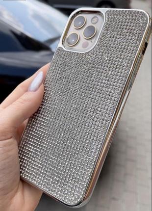 Серебряный силиконовый чехол iphone 11pro max с камнями сваровски