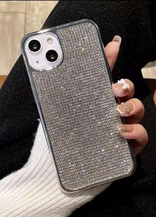 Серебряный силиконовый чехол для iphone 13pro с камнями сваровски
