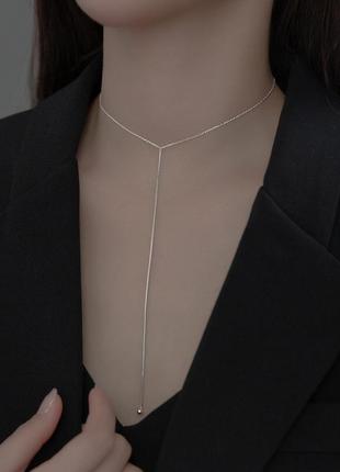 Цепочка серебряная галстук, цепочка тоненькая со шнурком в стиле минимализм, серебро 925 пробы, 32+5 см