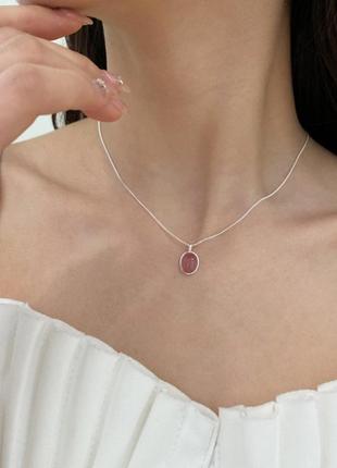 Подвеска серебряная клубничный кварц, кулон с натуральным камнем, серебро 925 пробы, длина 40+4 см