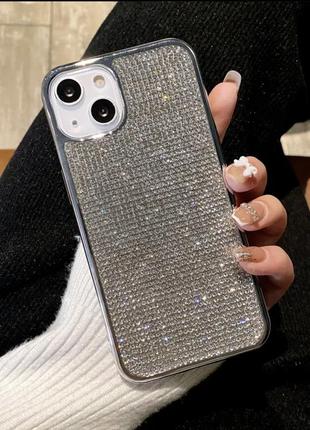 Серебряный силиконовый чехол для iphone 13 с камнями сваровски