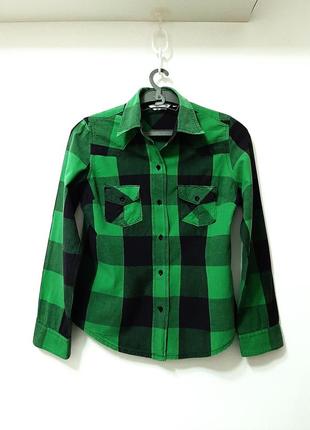 Topshop брендовая рубашка в клетку чёрная/зелёная длинные рукава хлопок женская 42-44-46