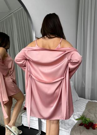 Пижама женская  (халат и ночнушка) для дома и сна комплект 2ка из ткани армани-шелк - розовая (xl-xxl)7 фото