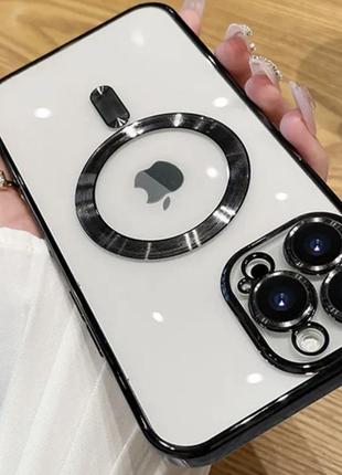 Прозрачно-чорний чехол для iphone 15 pro magsafe та захистом на камеру