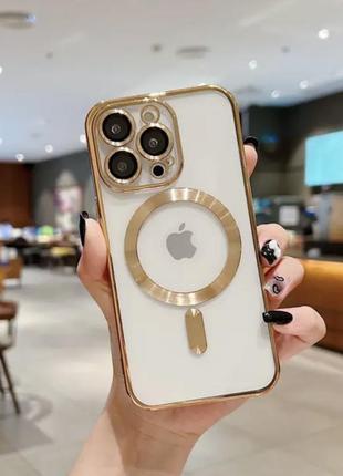 Прозрачно-золотой чехол и стеклом на камеру для iphone 12pro