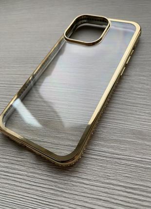 Силиконовый чехол 2в1 c блесточками с золотой ободом и камнями сваровски для iphone 13pro max4 фото