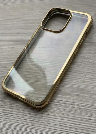 Силиконовый чехол 2в1 c блесточками с золотой ободом и камнями сваровски для iphone 13pro max3 фото