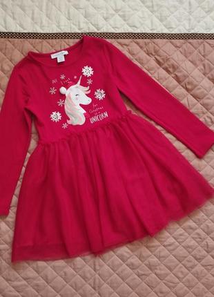 Святкове новорічне плаття червоне з понні primark 4-5 р яскраве фатін блискітки паєтки  сукня платтячко єдиноріг юбка пачка фатинова пишна