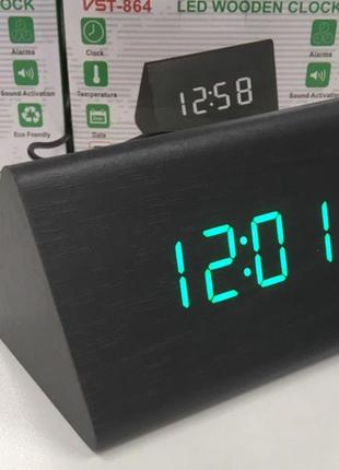 Электронные настольные часы-будильник led wood clock vst-864-1 с будильником, датой и термометром2 фото