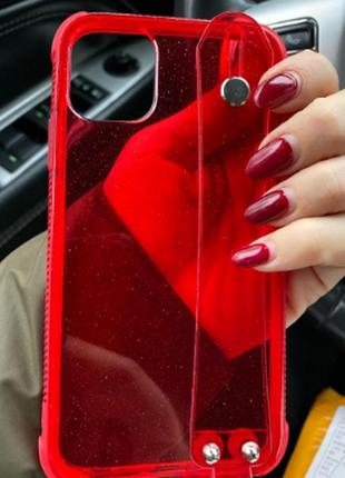 Силіконовий прозоро-червоний чохол для iphone 11pro блискітки+кільце+тримач3 фото