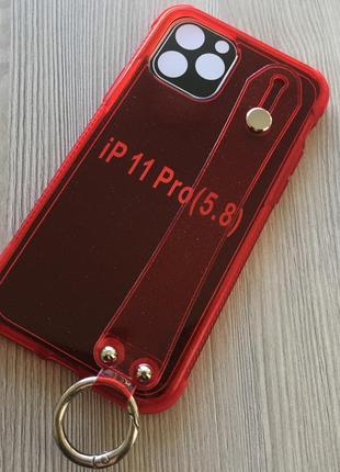 Силіконовий прозоро-червоний чохол для iphone 11pro блискітки+кільце+тримач8 фото
