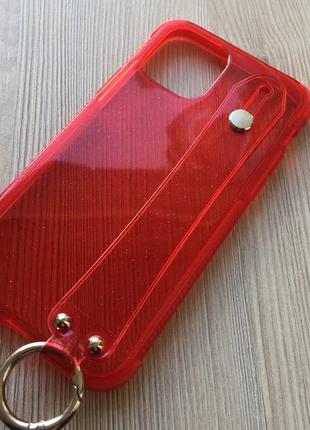 Силіконовий прозоро-червоний чохол для iphone 11pro блискітки+кільце+тримач5 фото