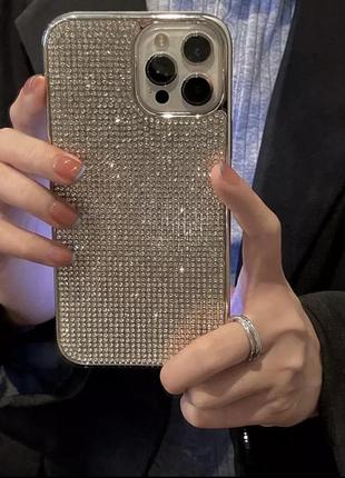 Срібний силіконовий чохол для iphone 14 pro max з камінням сваровскі4 фото