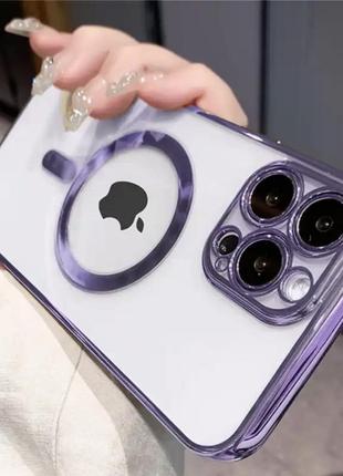 Прозрачно-фиолетовый чехол magsafe и защитой на камеру для iphone 13 pro max