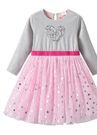 Праздничное блестящее серебряное розовое платье с сердечками для девочки яркая 4 5 6 7 7 лет 110 116 122 1286 фото