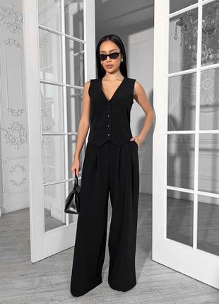 Костюм, черный белый, жилетка + широкие брюки палаццо