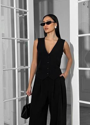 Костюм, черный белый, жилетка + широкие брюки палаццо