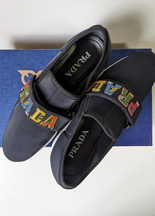 ❗️❗️❗️кроссовки prada navy blue neoprene multicolor logo strap slip-on sneakers 41 г. оригинал5 фото