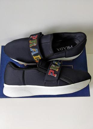 ❗️❗️❗️кроссовки prada navy blue neoprene multicolor logo strap slip-on sneakers 41 г. оригинал8 фото
