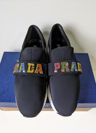 ❗️❗️❗️кроссовки prada navy blue neoprene multicolor logo strap slip-on sneakers 41 г. оригинал6 фото