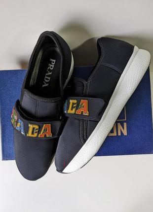 ❗️❗️❗️кроссовки prada navy blue neoprene multicolor logo strap slip-on sneakers 41 г. оригинал2 фото