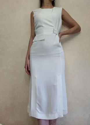 Белое платье миди с разрезами, необычное платье с разрезами, платье футляр2 фото