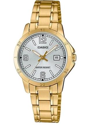 Женские часы casio lady classic ltp-v004g-7b2udf, серебрянные с золотым браслетом