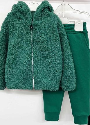 Костюм - двойка детский, подростковый, спортивный, теплый тедди, толстовка кофта с капюшоном, штаны, зеленый
