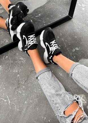 Черные кожаные замшевые кроссовки с сеткой в сетку на белой толстой грубой подошве платформе2 фото