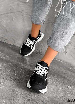 Черные кожаные замшевые кроссовки с сеткой в сетку на белой толстой грубой подошве платформе6 фото