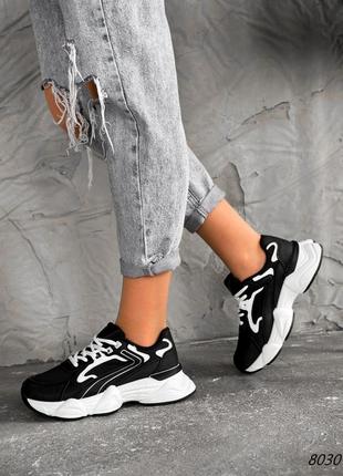 Черные кожаные замшевые кроссовки с сеткой в сетку на белой толстой грубой подошве платформе7 фото