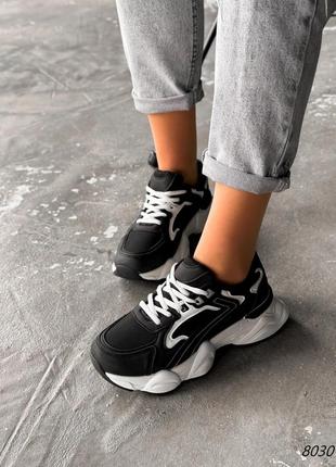 Черные кожаные замшевые кроссовки с сеткой в сетку на белой толстой грубой подошве платформе9 фото