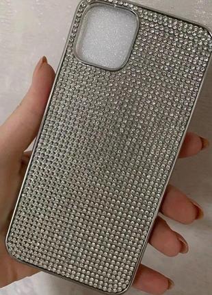 Срібний силіконовий чохол для iphone 12pro max з камінням сваровські4 фото