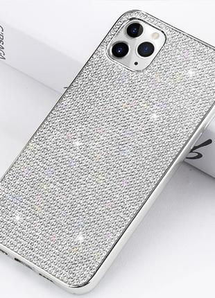 Срібний силіконовий чохол для iphone 12pro max з камінням сваровські2 фото