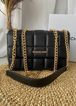 Жіноча брендова сумка michael kors  мʼяка модель корс в чорному кольорі по супер ціні корс на ланцюжку золото