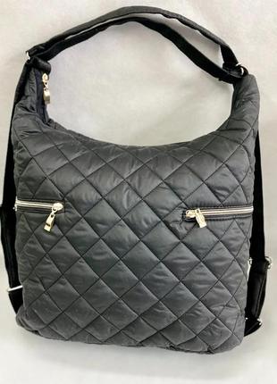 Жіноча сумка-рюкзак з кишенями стьобана плащівка чорний2 фото