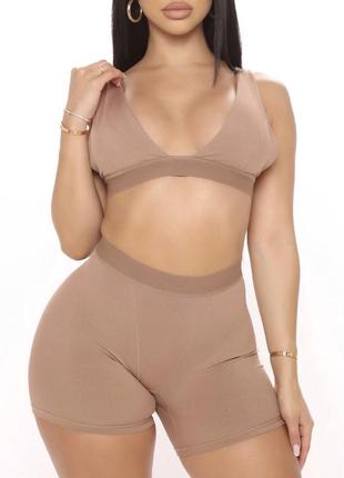 Комплект бежевый шорты трусы боксеры боксеры женские топ с регуляторами в рубчик домашний