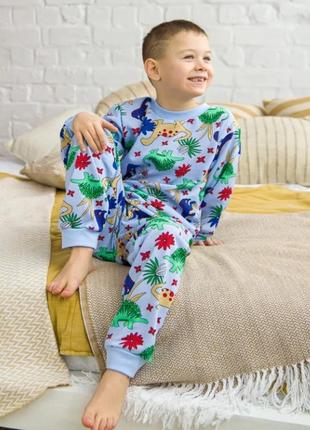 Піжама для хлопчика утеплена динозаври (світшот + штани) 110-116 см блакитний3 фото