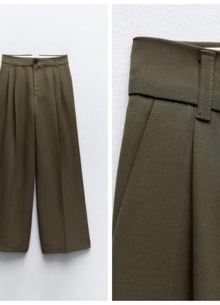 Свободные широкие брюки с высокой посадкой цвета хаки zara4 фото