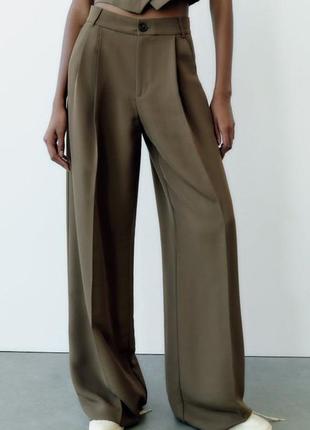 Свободные широкие брюки с высокой посадкой цвета хаки zara5 фото