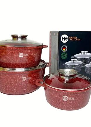 Набор кастрюль hk-301 красний с гранитным антипригарным покрытием higher kitchen набор посуды 6 предметов