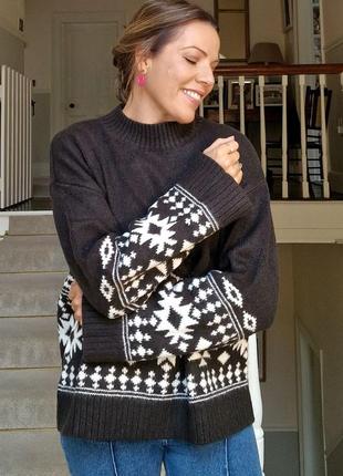 Теплый вязаный шерстяной жаккардовый свитер с узорами h&m кофта джемпер
